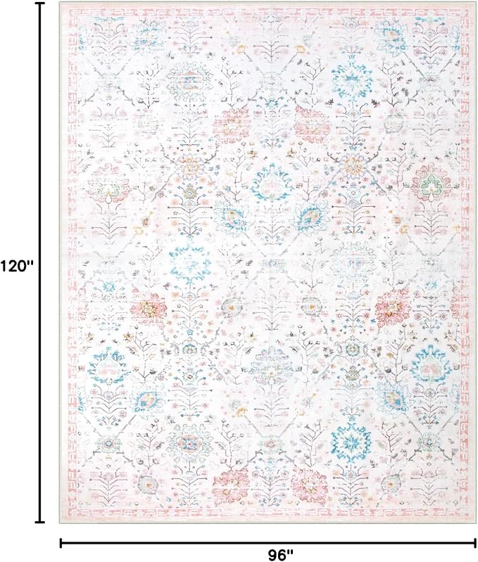 Lahome Flavie Classroom Rug 8x10, Soft Washable Rug for Dorm Room, Non Slip Low Pile Boho Floral Carpet for Bedroom, Playroom, Nursery, Kids Room and Classroom Decor, Beige