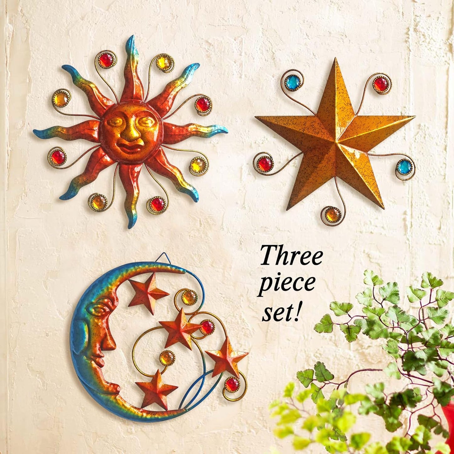 Limygus Metal Wall Art Sculpture, Set of 3 - Celestial Wall Decoration - Sun Moon Star Decorative Silhouette - Waterproof Wall Hanging Decor for Home Office, Bedroom, Bathroom, Living Room