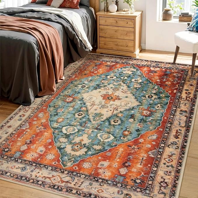 SERISSA Bedroom Rug 4x6 Boho Tribal Rug, Vintage Washable Area Rugs Non Slip, Ultra Soft Print Distressed Low-Pile Throw Carpet for Bedroom Nursery Dorm Kitchen Living Room Decor