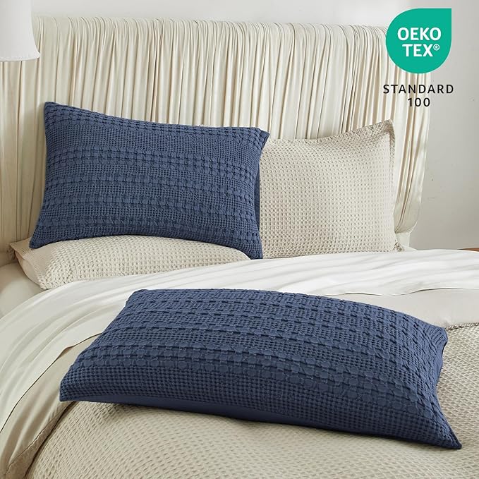 PHF 100% Cotton Waffle Pillow Shams Queen Size, 2 Pack 20" x 30" Soft Skin-Friendly Pillowcases, No Filling, Aesthetic Woven and Breathable Waffle Weave Pillow Case Covers for Bed, Indigo