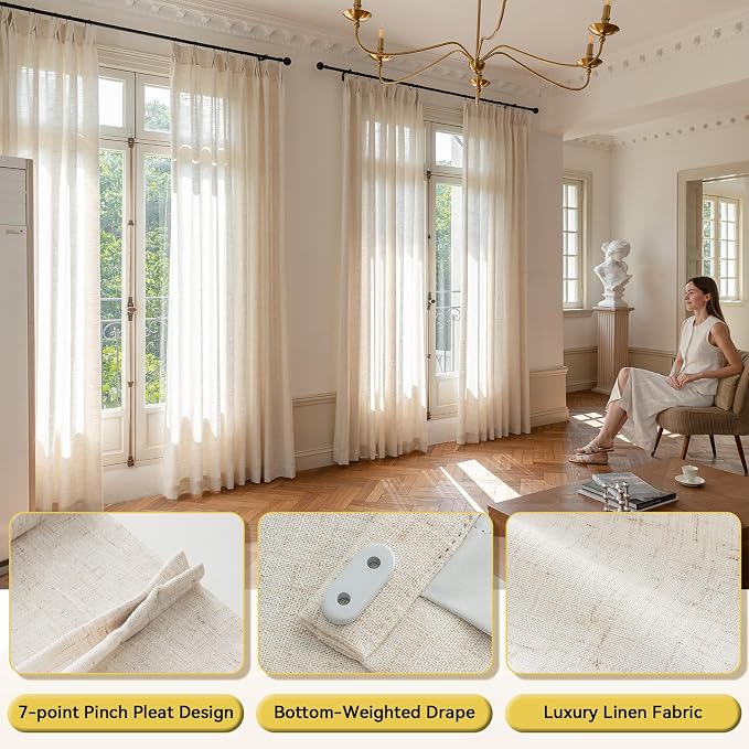 Liz Sheer Pinch Pleated Linen Curtains 108 Inches Long - Light Filtering Pleat Curtains for Living Room, Window Curtains for Bedroom, Luxury Pinch Pleated Drapes with Hooks, Natural, 2 Panels Set