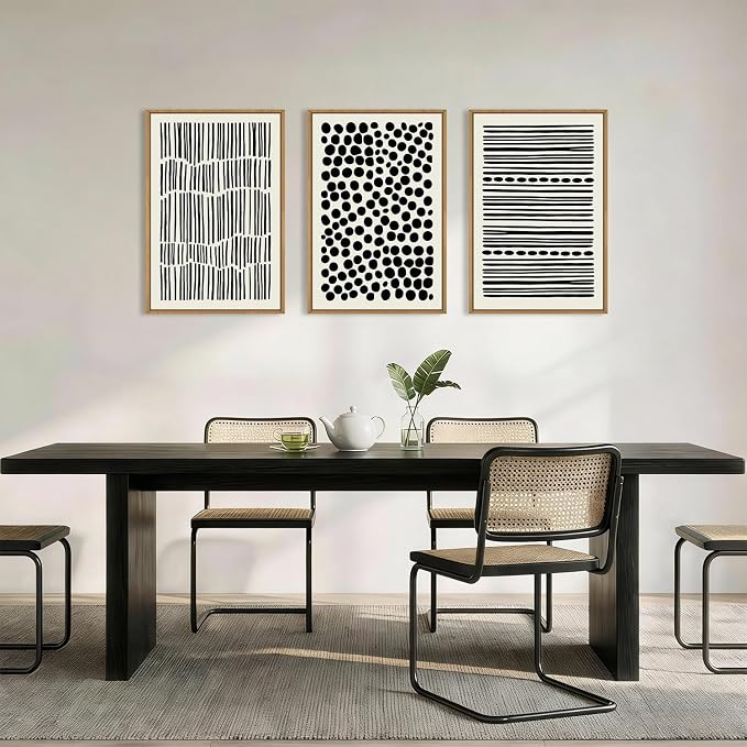 KAIRNE Abstract Black and White Framed Canvas Wall Art Set, Modern Geometric Wall Decor, Minimalist Line Art Prints, Neutral Boho Dots Artwork for Living Room, Bedroom, Farmhouse, Office -24"x36"x3