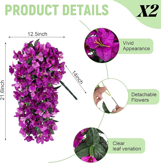 Fake Bougainvillea Artificial Flowers for Outdoors Decoration 2 pcs Faux Hanging Flowers Plants for Outdoor Planters UV Resistant Silk Bougainvillea Vines for Front Door Porch Urn Patio Garden