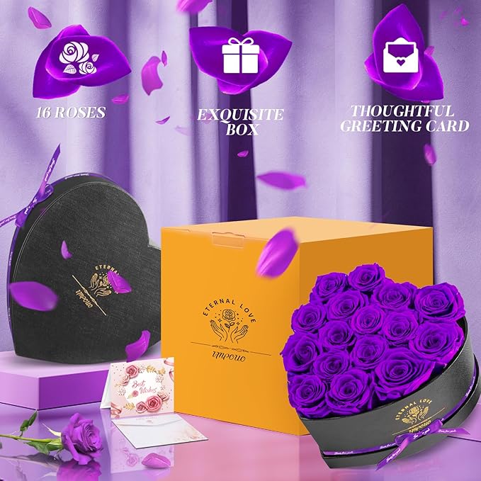 Impouo 16 Preserved Flower Delivery Prime, Preserved Roses in a Box, Birthday Gifts for Women, Mother's Day, and Valentine's Day-Purple Roses