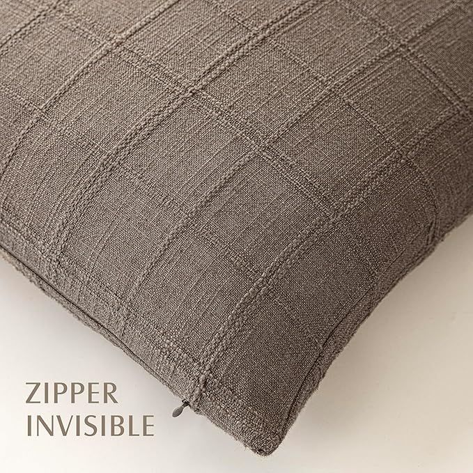 Foindtower Set of 2 Decorative Linen Check Throw Pillow Covers Neutral Farmhouse Vintage Cushion Covers Modern Boho Home Decor for Sofa Chair Couch Bedroom Living Room,18×18 Inch,Taupe Grey