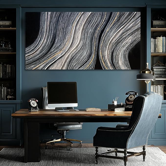 ZUNARE Modern Abstract Canvas Wall Art with Blue Gray and gold Linear Design, Minimal Tonal Artwork Creating a Peaceful Atmosphere for Bedroom Living Room Office Kitchen 24"x48"