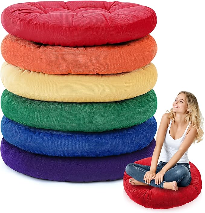 Jerify 6 Pcs Floor Pillow Cushions Large Round Square Large Meditation Floor Pillow for Classroom Adult Meditation Picnic Party Seating Learning Daycare School (Round,Rainbow Color)