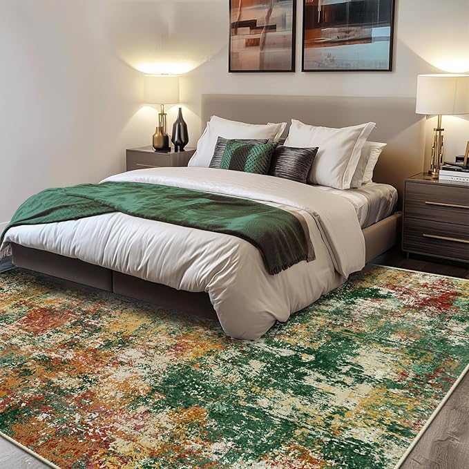 RELEANY Washable Area Rugs 9'x12' Non-Slip Modern Abstract Soft for Living Room Entryway Bedroom Nursery, Print Pattern, Green Orange Rust Red Cream Colorful