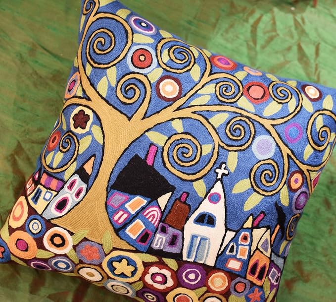 Blue Gray Tree of Life Accent Pillow Cover Karla Gerard Floral Pillowcase Village Church Floral Chair Cushion Farmhouse Pillowsham Hand Embroidered Wool Size 18x18