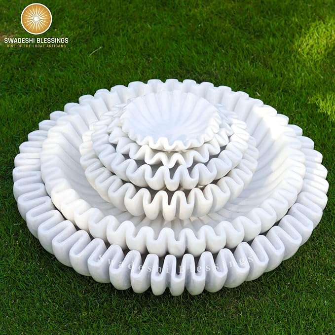 SWADESHI BLESSINGS HandCrafted Marble Ruffle Bowl/Antique Scallop Bowl/Fruit Bowl/Vintage Ring Dish/Decorative Flower Dish/HouseWarming Gift/Wedding Gifts/Urli (6 Inches)