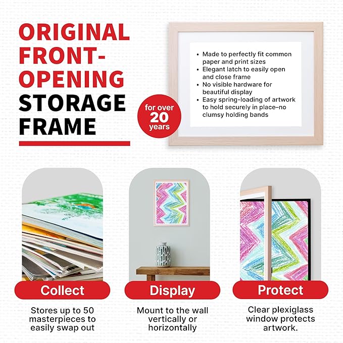 Dynamic Frames Li’l Davinci Art Cabinet, Stores up to 50 Pieces of 18 x 24 inch Art, Outer Wooden Frame Dimensions 20.88 x 26.88 inches, Kids Art Frame, Front Opening, Universal Hanging, Natural