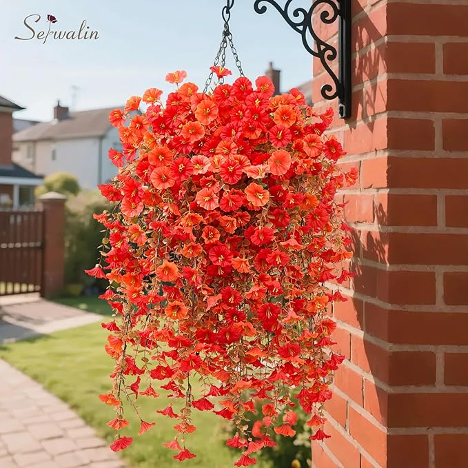 Serwalin 4PCS Artificial Fall Flowers for Outdoors, UV Resistant Fake Silk Artificial Hanging Plants Outdoor for Porch Patio Balcony Outdoor Planter Garden Yard Fall Decor(Orange&Red,4PCS)
