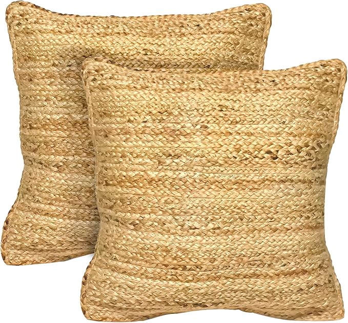 The Fine Living Co. Jute Pillow Covers 18x18 Set of 2, Braided Jute Throw Pillows, Indoor Outdoor Boho & Farmhouse Decor, Natural Decorative Cushion Covers for Couch, Living Room & Patio