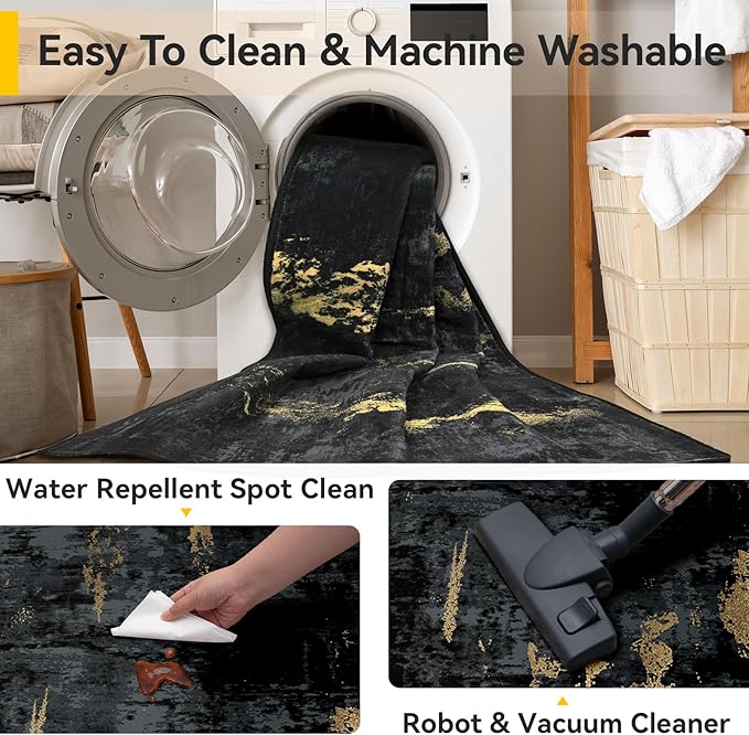 RELEANY Washable Area Rugs 2'x4' Non-Slip Modern Abstract Soft for Living Room Entryway Bedroom Nursery, Print Pattern, Dark Black Gold