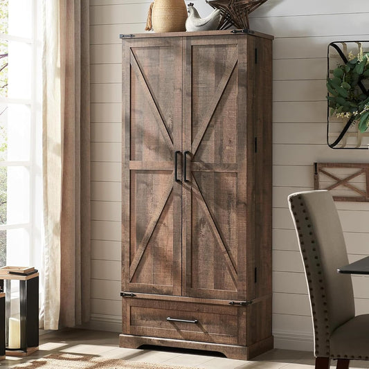 72" Farmhouse Kitchen Pantry Cabinet With Drawer, Tall Storage With 2 Barn Doors and Shelves, Versatile Large Rustic for Dining Room, Bathroom, Living Room, Rustic Brown