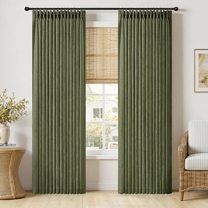 MIULEE Olive Green Pinch Pleated Thick Linen Curtains 84 Inches Long 2 Panels for Living Room Bedroom, Linen Texture Memory Trained Drapes Pleat Back Tab Semi Sheer Moss Green Track System Curtains
