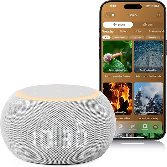 Hotmoon Alarm Clock with Sound Machine for Sleep, Luna Pro Dual-Stage Alarm, 507 Relaxing Sounds, Smart Night Light & Timer, Pink Green Brown White Noise Machine for Sleeping, Plug in, Cool Gray