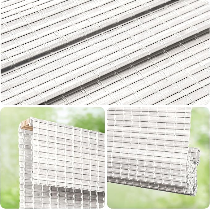 LazBlinds Cordless Bamboo Roman Shades, 24.5x64, Alpine Ivory | Privacy Blinds for Interior Windows, Room Darkening Roll Up Bamboo Blinds for Home & Patio