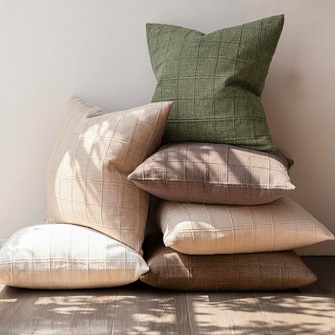 Foindtower Set of 2 Decorative Linen Check Throw Pillow Covers Neutral Farmhouse Vintage Cushion Covers Modern Boho Home Decor for Sofa Chair Couch Bedroom Living Room,22×22 Inch,Sage Green