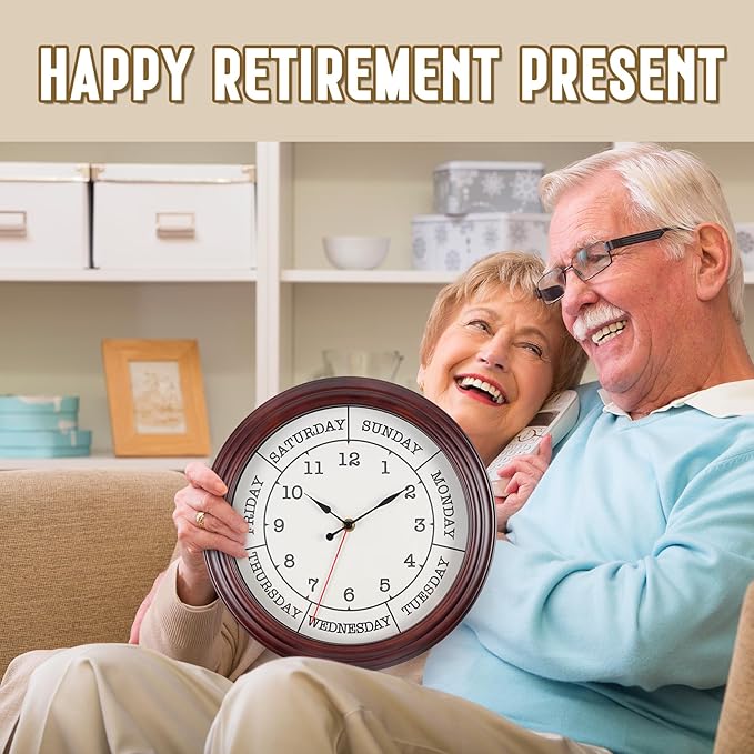 Day of the Week Clock 14 Inch Retirement Wall Clock with Wood Frame for Men Women Red Brown