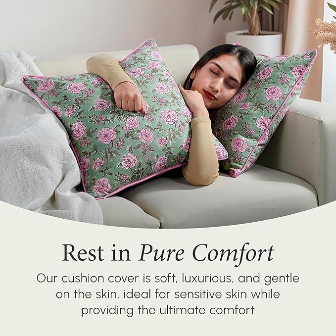 CPC 100% Cotton Throw Pillow Covers 24x24 Inch, Set of 2 Pink Block Print Pattern Couch Pillow, Cute Boho Decorative Pillows for Living Room, Bedroom with Hidden Zipper- Pink Tourmaline