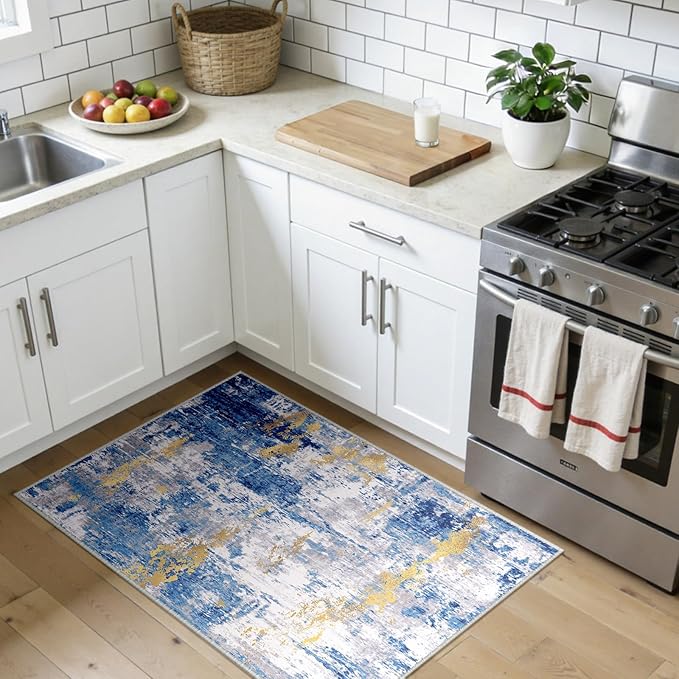 RELEANY Washable Area Rugs 3x4 Non-Slip Modern Abstract Soft for Living Room Entryway Bedroom Nursery, Print Pattern, Grey Blue Gold/Golden