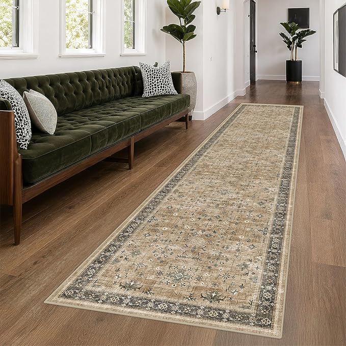 Washable Natural Sage 2x10 Entryway Long Runners for Hallways, Kitchen Floor Mat for Indoor Entrance, Taupe Vintage Earthy Decor, Non-Slip Stain Resistant Low-Pile Throw Rug