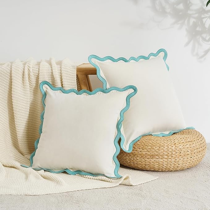 MONDAY MOOSE Decorative Throw Pillow Covers Cushion Cases, Set of 2 Soft Velvet Scalloped Wavy Edge Designs, Mix and Match for Home Decor, Pillow Inserts Not Included (16x16 inch, White/Light Blue)