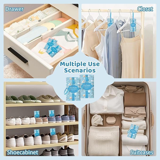 SCENTORINI Scented Sachets for Drawers and Closets, Baby Powder Scent 14 Pack, Long-Lasting Sachets Bags Wardrobe Freshener for Luggage, Handbags, Suitcases, Small Space