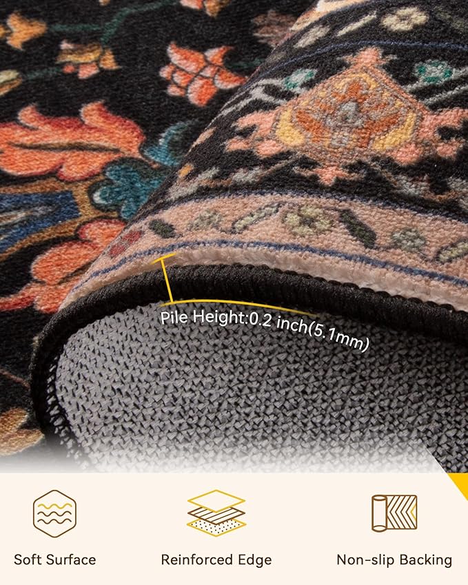 RELEANY Area Rugs Square 4ft Washable Non-Slip, Floral Vintage Distress Print Pattern Medallion Carpet for Living Room Bedroom Dining Room, Black Colorful Floral Dark Tan