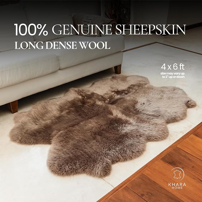 Premium 100% Genuine Sheepskin Area Rug 4x6 ft – Quad Soft & Fluffy Lambskin Rug Living Room – Made in Argentina (Beige)