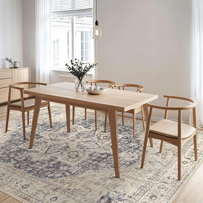 Tortania Area Rug Living Room Rugs - 10x14 Washable Boho Rug Vintage Oriental Distressed Farmhouse Large Thin Indoor Carpet for Living Room Bedroom Under Dining Table Home Office - Cream Blue