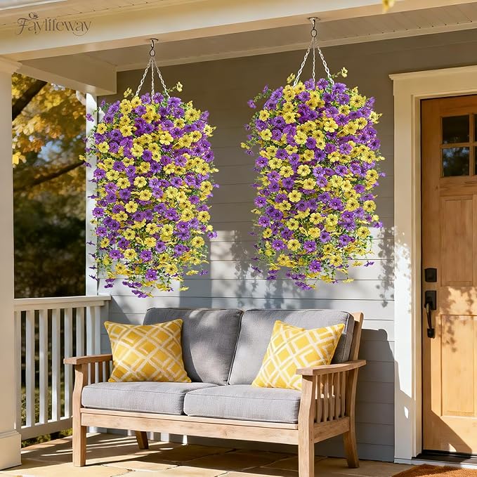 Artificial Hanging Flowers for Outdoors Spring Summer Decoration, 4PCS UV Resistant Silk Fake Hanging Plants for Patio Porch Front Yard Window Garden Indoor Decor(Purple&Yellow,4PCS)