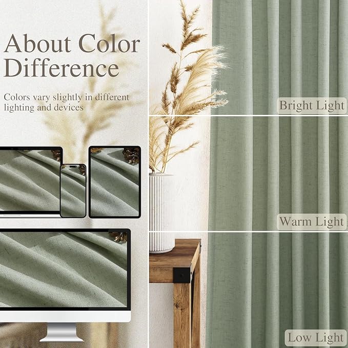 Desert Sage Linen 112 Inch Curtains for Living Room Light Filtering Semi Sheer Curtain Back Tab Rustic Farmhouse Decor Elegant Drapes Floor to Ceiling High Window for Bedroom 52x112, 2 Panels