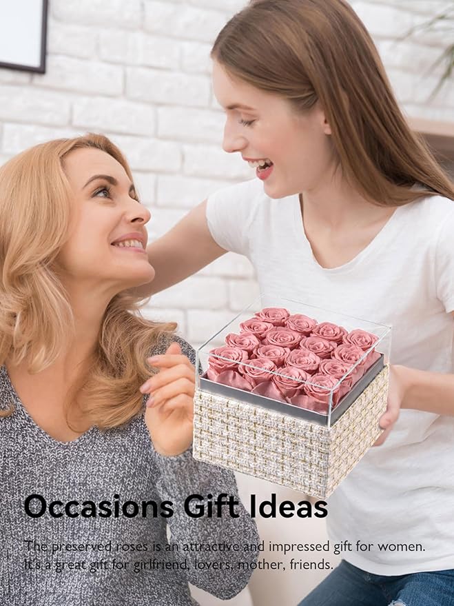 Eterfield Forever Flowers Preserved Roses Real Roses that Last Over a Year Rose Box Gifts for Her Mothers Day Valentines Day Christmas (Square Gold White Plaid Box, 16 Dusty Pink Roses)
