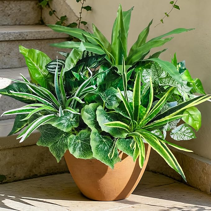 Artificial Plants for Outdoors Faux Greenery Leaves UV Resistant Realistic Plastic Large Bunches Shrubs Bushes with Stems, Fake Plants Decor Outdoor for Front Porch Door Patio Garden Yard, 9Pcs