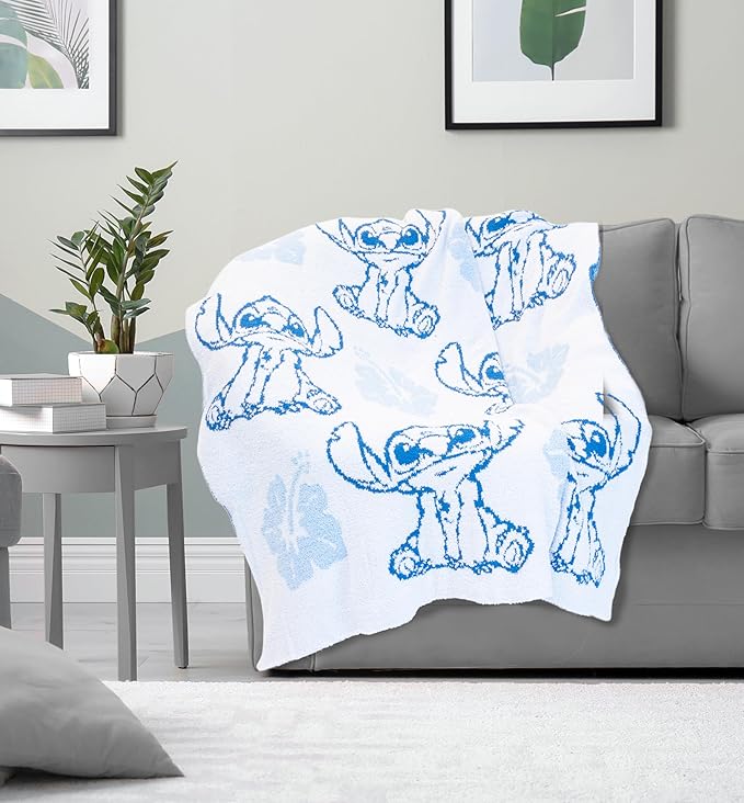 Jay Franco Disney Lilo and Stitch Feather Knit Fluffy Throw Blanket - Blue Floral Fuzzy Blanket Measures 50 x 60 Inch | Super Soft Lightweight Bedding