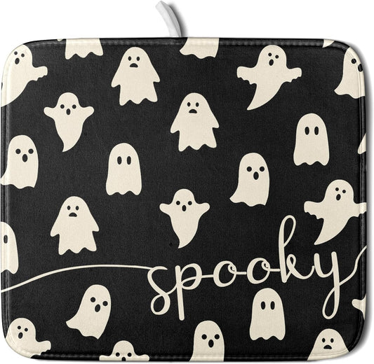 Halloween Dish Drying Mat for Kitchen Counter Spooky Ghost Holiday Super Absorbent Reversible Microfiber Kitchen Countertop Protector Dishes Pad Small 16x18 inch