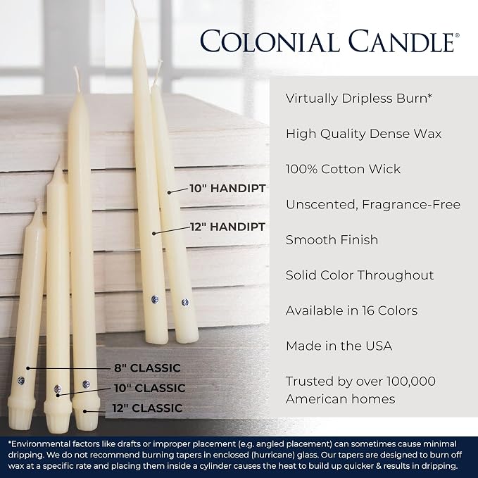 Colonial Candle Unscented Taper Candle, Classic Collection, Mocha, 8 in, Pack of 12 - Up to 6 Hours Burn