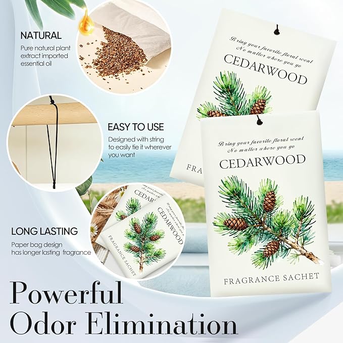 Cedarwood Scented Sachet Bags - 12 Pack Drawer & Closet Freshener, Long Lasting Odor Eliminator for Wardrobes, Cars & Storage, Home Fragrance Air Freshener Sachets