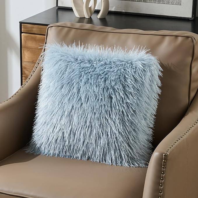 FUTEI Pack of 2 Shaggy Mongolian Faux Wool Throw Pillow Covers 18x18 Inch Soft Decorative Cushion Case for Couch Bed Living Room, Dusty Blue
