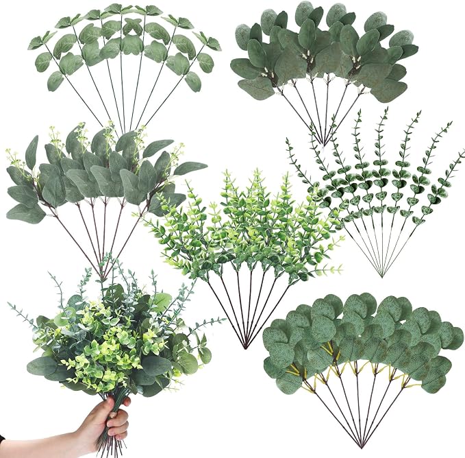 30 Pcs 6 Kinds Mixed Eucalyptus Leaves Stems Bulk Artificial Greenery Plants Fake Silver Dollar Eucalyptus Bundle Faux Plants Greenery for DIY Bouquets Floral Arrangement Wedding Engagement Decor