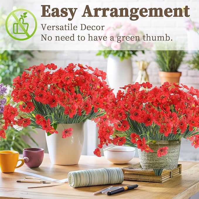 ColoPlay 24 Red Bundles Artificial Flowers for Outdoors/Indoors Fake Flowers Plants for Indoor Outside Garden Porch Window Box Home Wedding Farmhouse