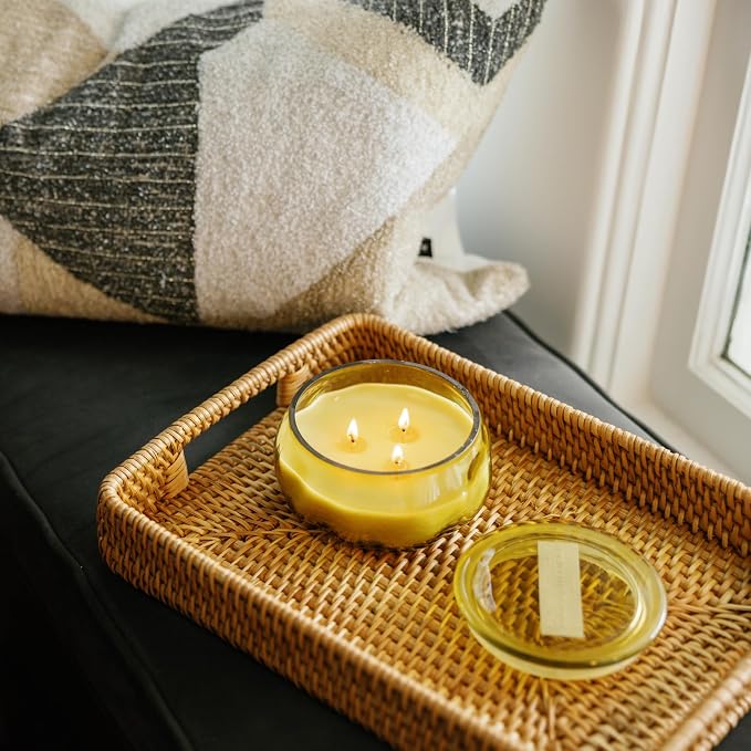 Paddywax Basalt Collection Scented Candle, Soy Wax Blend Glass Jar with Lid, Reusable Home Décor Candle, 10 oz, Yellow Vessel, Tobacco Patchouli