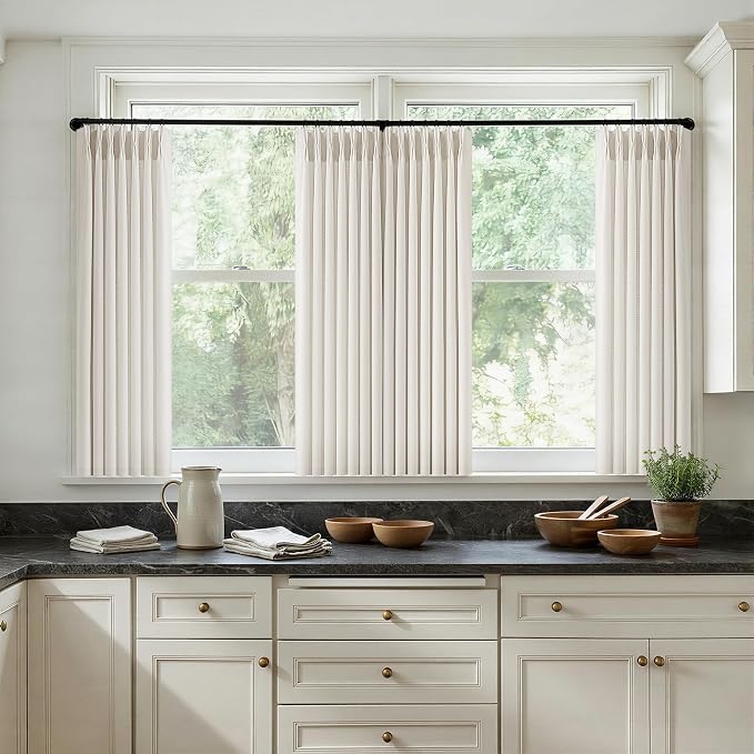 Natural Short Linen Curtains 36 Inch Length 2 Panel Set for Small Windows Bedroom Rustic Farmhouse Linen Light Filtering Pinch Pleated Drapes Back Tab Semi Sheer Kitchen Curtains 36 Inches Long