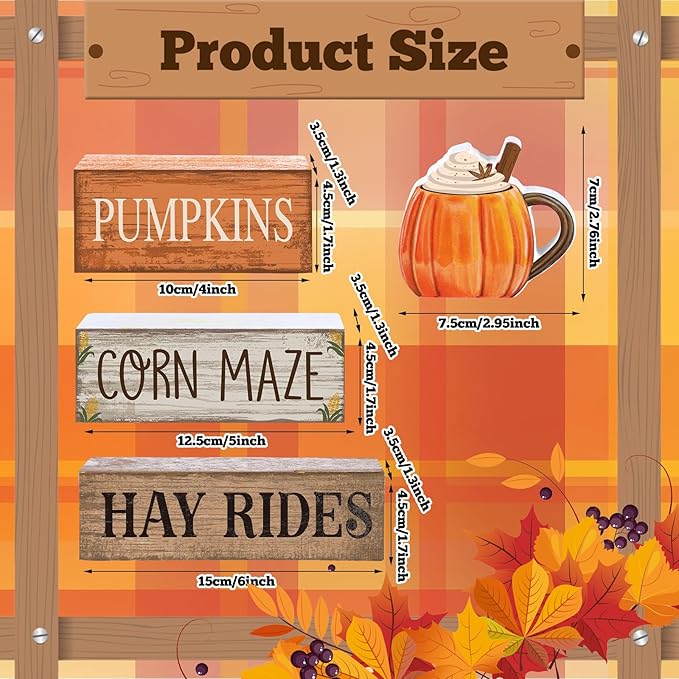 Lineshading 4 Pcs Thanksgiving Decorations for Home Thanksgiving Tiered Tray Decor Fall Cream Cups Table Decor Fall Centerpiece Rustic Cream Cups Block Sign Autumn Decorations for Home Kitchen Shelf
