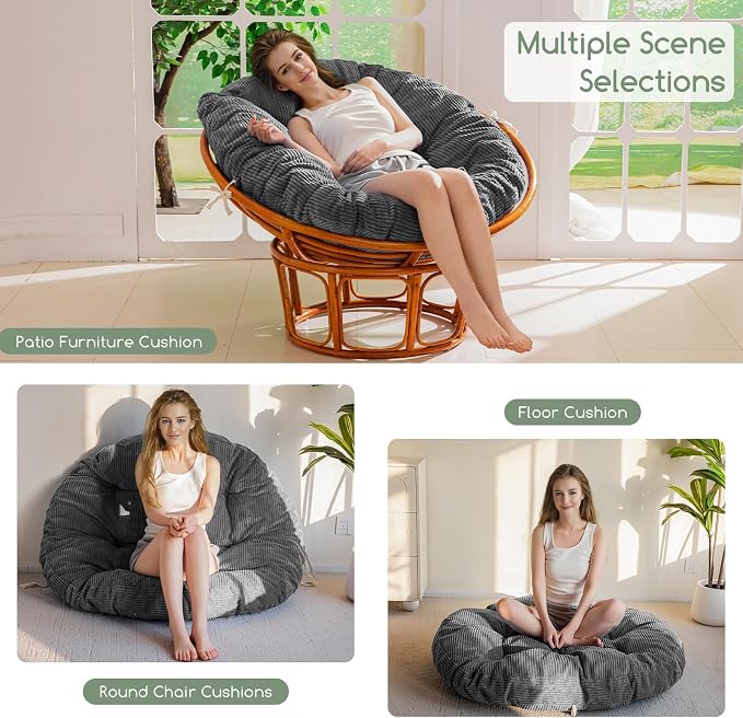 HIGOGOGO Papasan Chair Cushion with Corduroy Cover (Without Chair), 48 x 48 Inch Supportive Cushion, Overstuffed Chair Cushion,Dark Grey