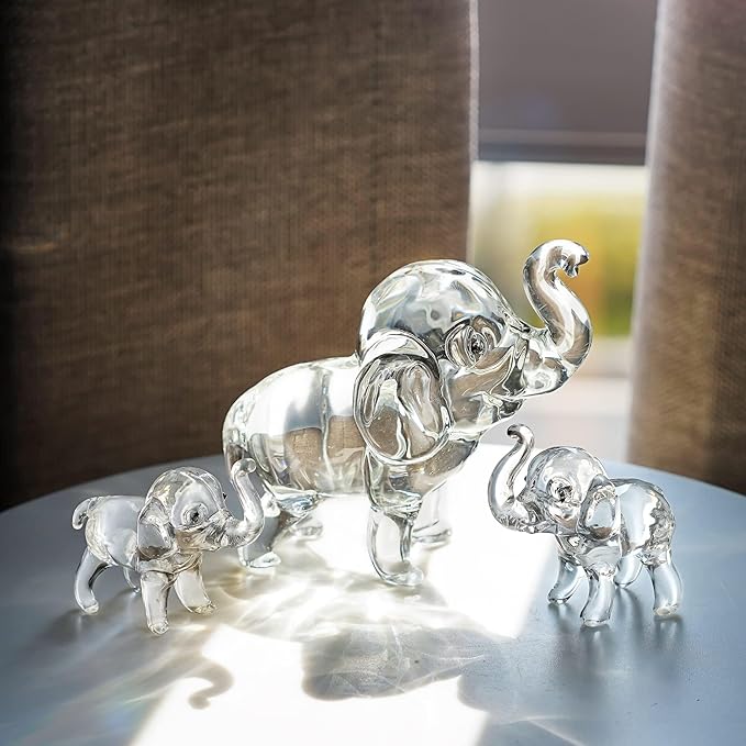 HDCRYSTALGIFTS Set of 3, Crystal Elephant Figurines Collectible Lucky Glass Animals Paperweight Ornament Home Decor Table Centerpiece Gift (3.5'' Mother and 2'' Two Babies)