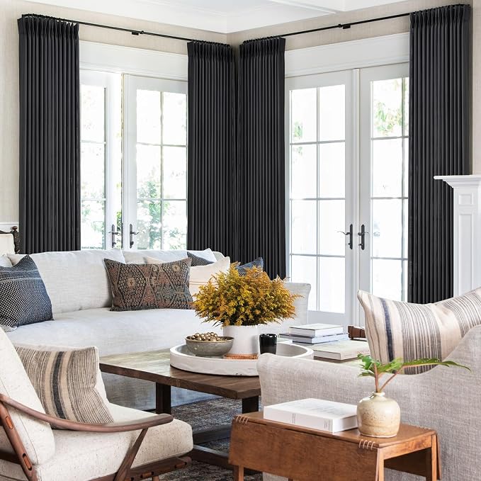 Pinch Pleated Black Curtains 96 Inches Long 2 Panels for Living Room Textured Semi Sheer Pinch Pleat Linen Drapes with Hooks Rings Light Filtering Curtain for Sliding Glass Door 8ft