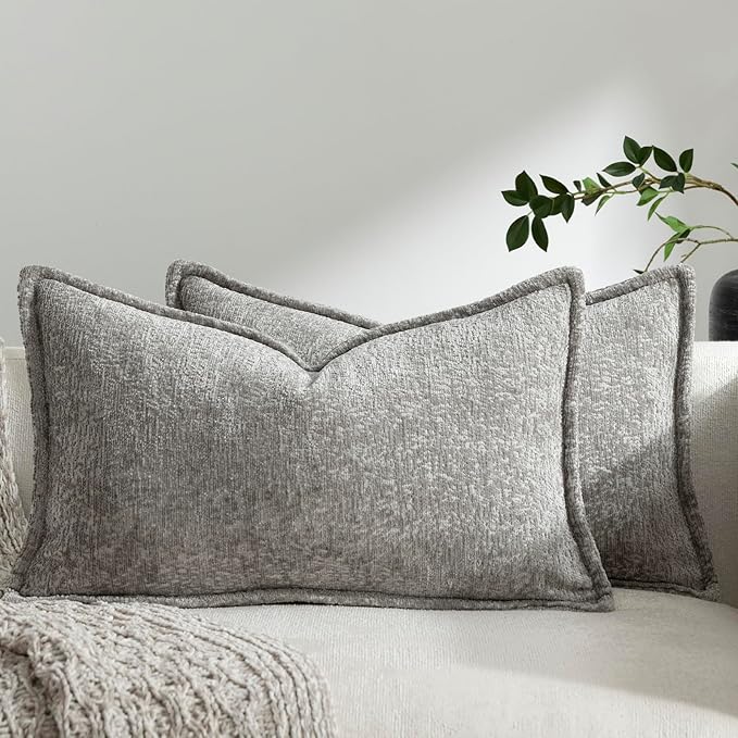 DEZENE Pack of 2 Light Gray Decorative Throw Pillow Covers 12x20 Cozy Soft Chenille Accent Vintage Rectangular Lumbar Couch Pillow Covers for Home Decor Bed Sofa Living Room